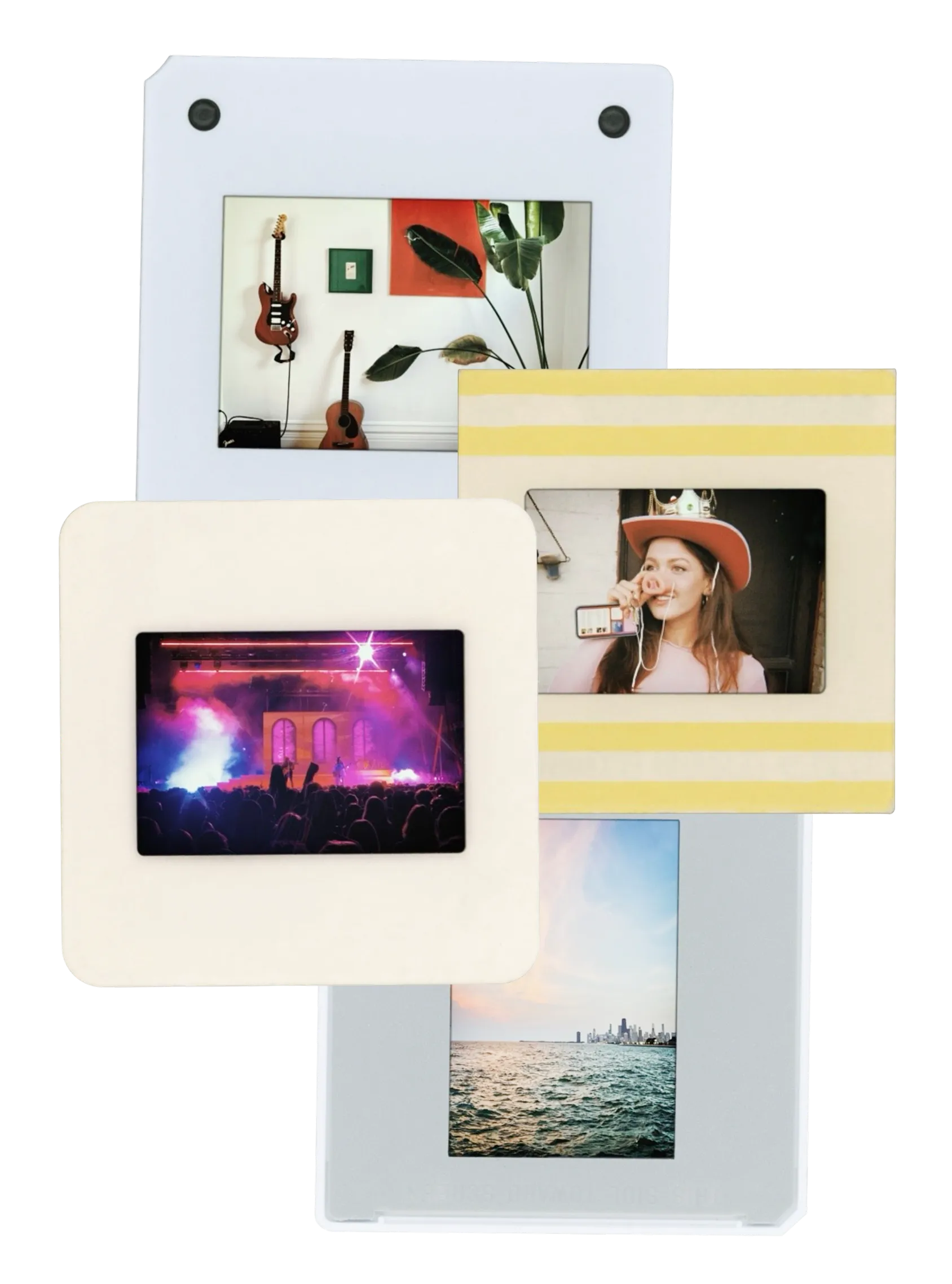 A loose stack of polaroids — a lake horizon at dusk, a person mid-laugh, a concert, and a guitar leaning in a room
